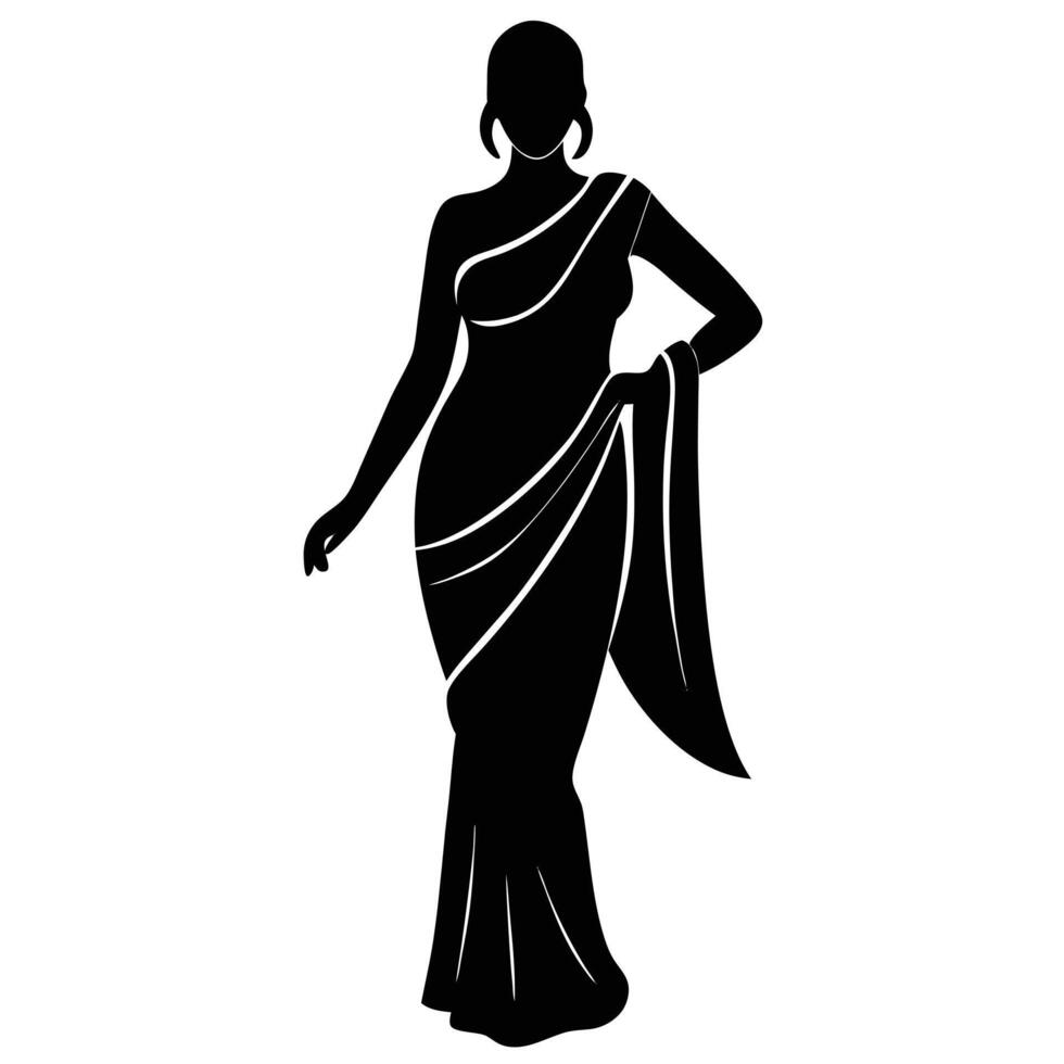 Indian Woman Silhouette in Saree, Standing Elegant Pose vector