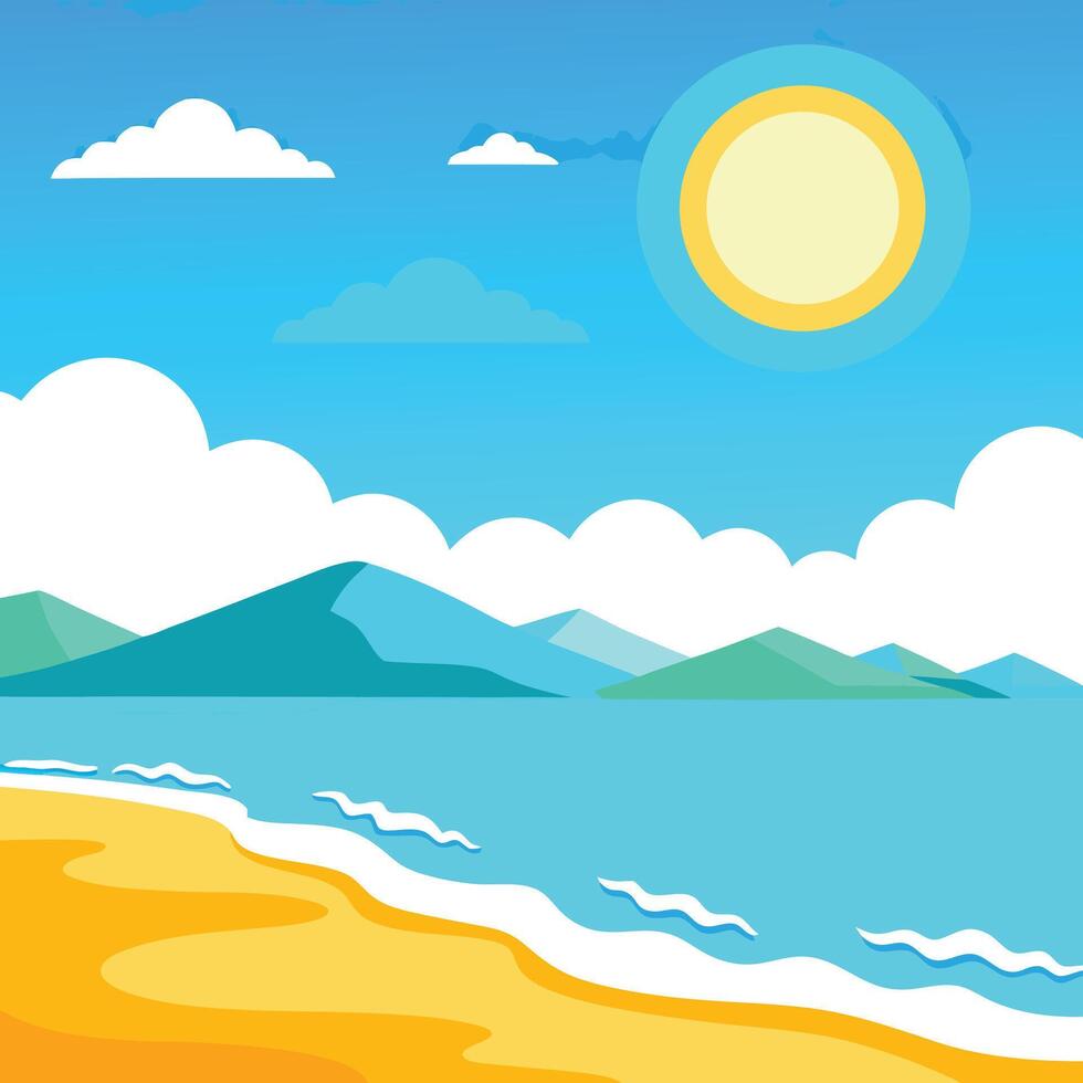 Sunny Day Beach View Flat Design, Golden Sand, Sea Waves, Distant Mountains vector