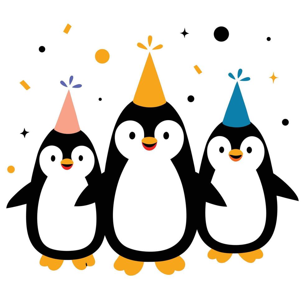 Group of Three Cheerful Penguins Wearing Party Hats on a White Background vector
