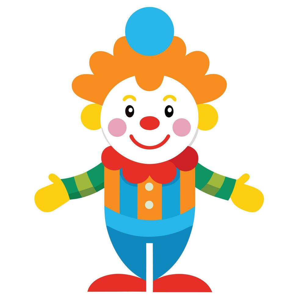Smiling Clown Spreading Arms with Orange Hair, Red Nose, Blue Hat on White vector