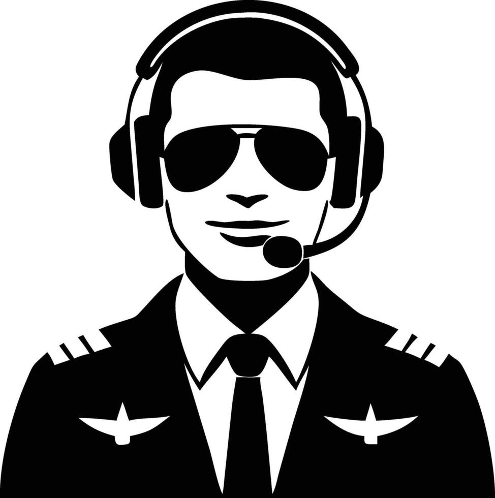 Black Silhouette Of Smiling Pilot Wearing Aviator Glasses and Headset vector