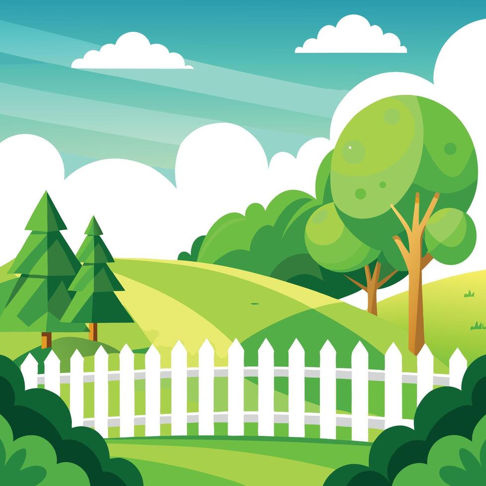 Colorful Cartoon Nature Landscape with Green Trees, Hills, White Fence Cloudy Sky vector