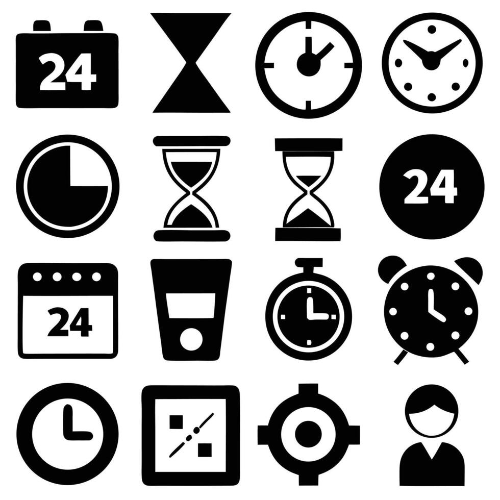 Isolated Black Pictogram Set Featuring Calendar, Clock, Hourglass Icons on White vector