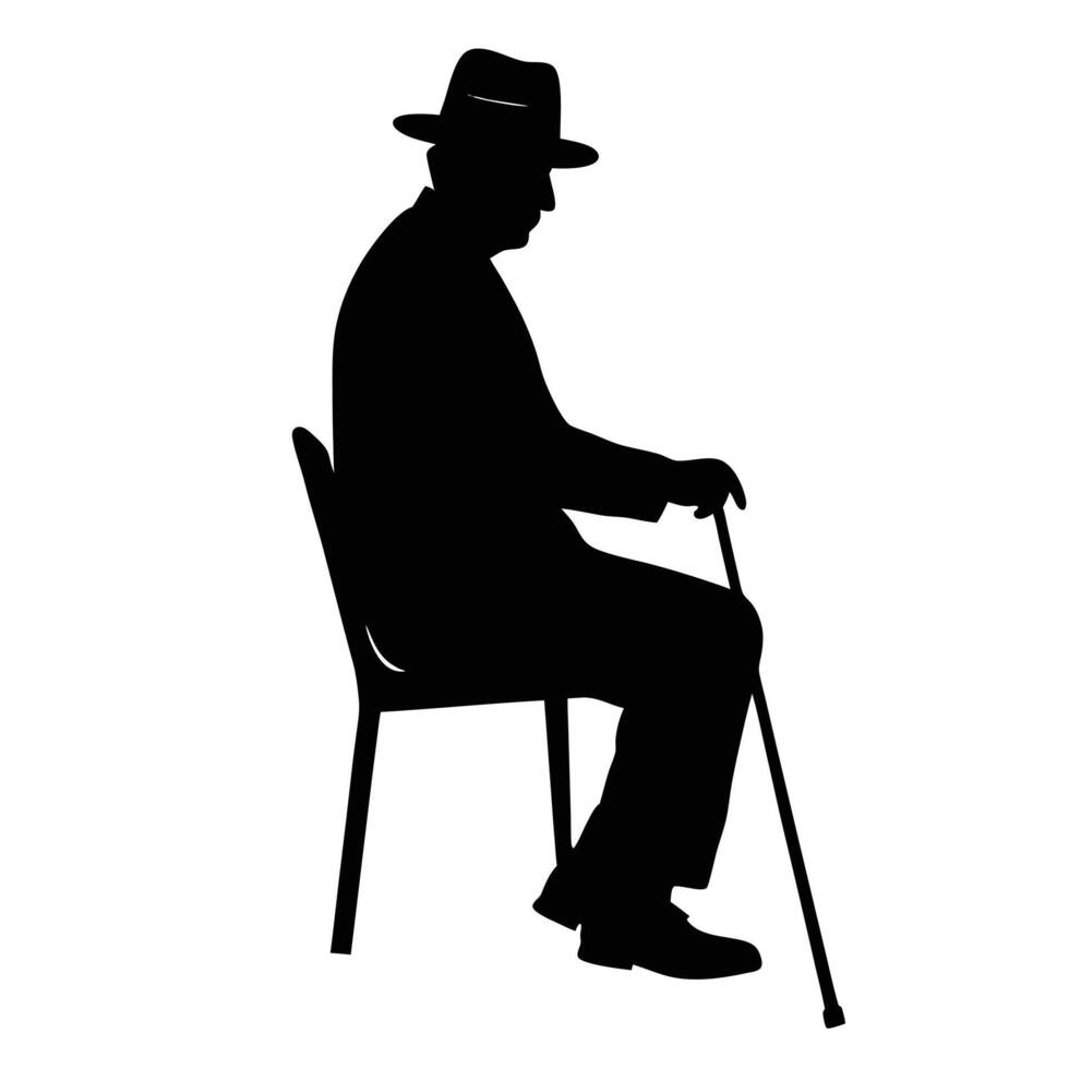 Silhouette of Elegant Older Man Seated on Chair with Cane vector