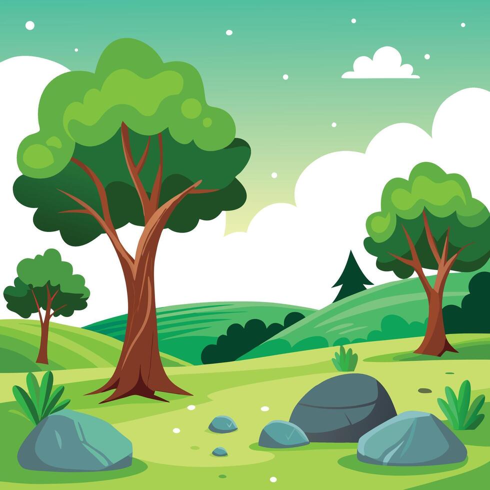 Landscape with Green Hills, Big Trees, Stones, and Clouds in Sky, Outdoors vector