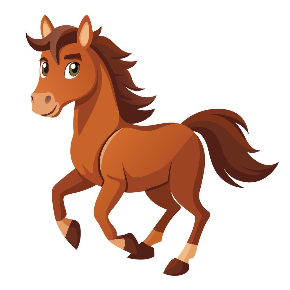 Animated Brown Horse Trotting with Lush Mane and Tail on a White Background vector