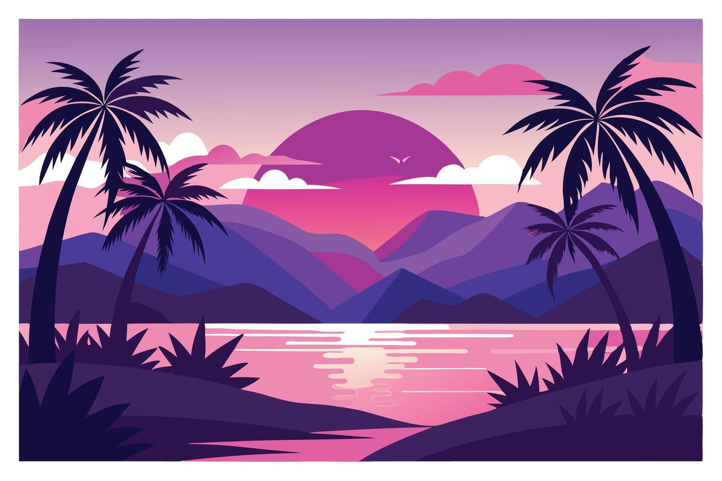 Flat with Palm Trees, Water, Sun, Mountains, Purple and Pink Sky vector