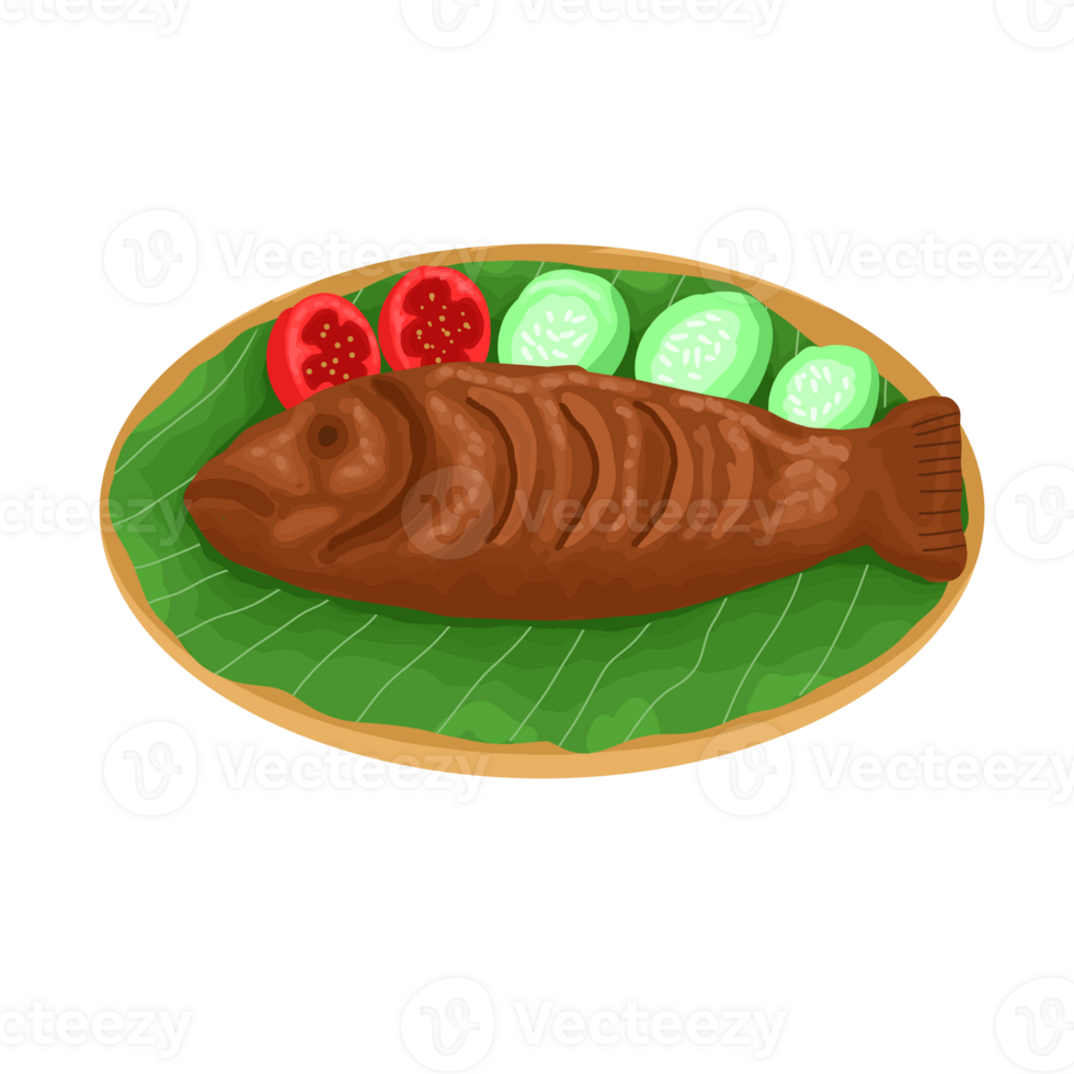 chinese food icon, cartoon style illustration of fried fish on a leaf png