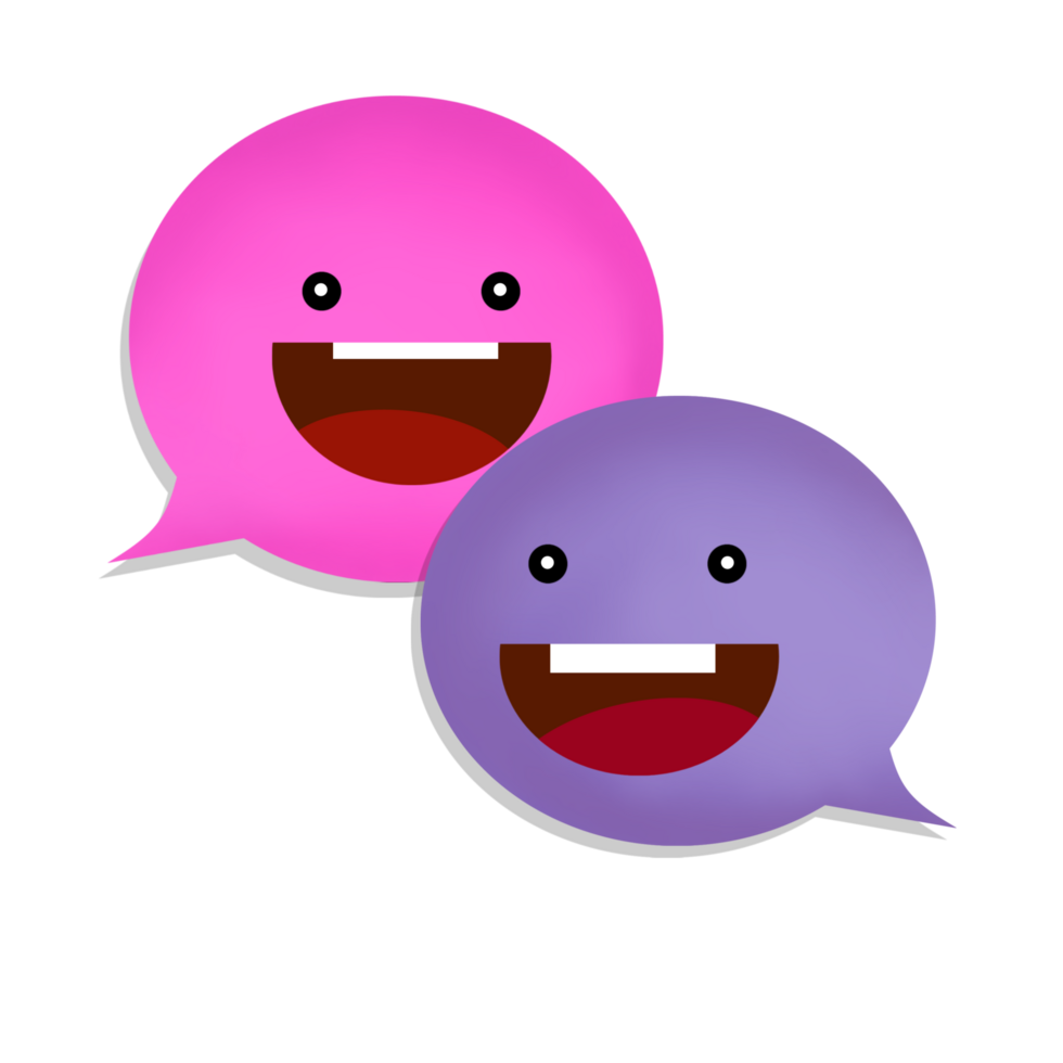 Two purple and pink speech bubbles with faces png