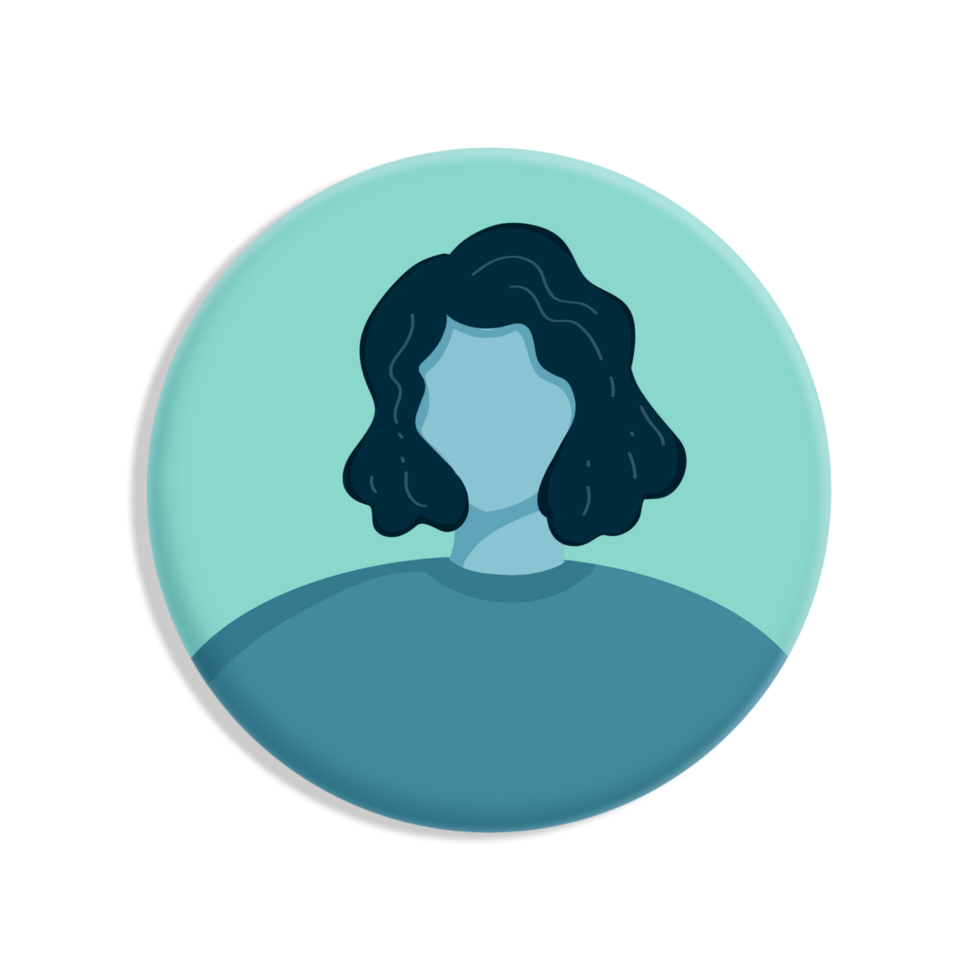 A woman with curly hair is shown in a round button png