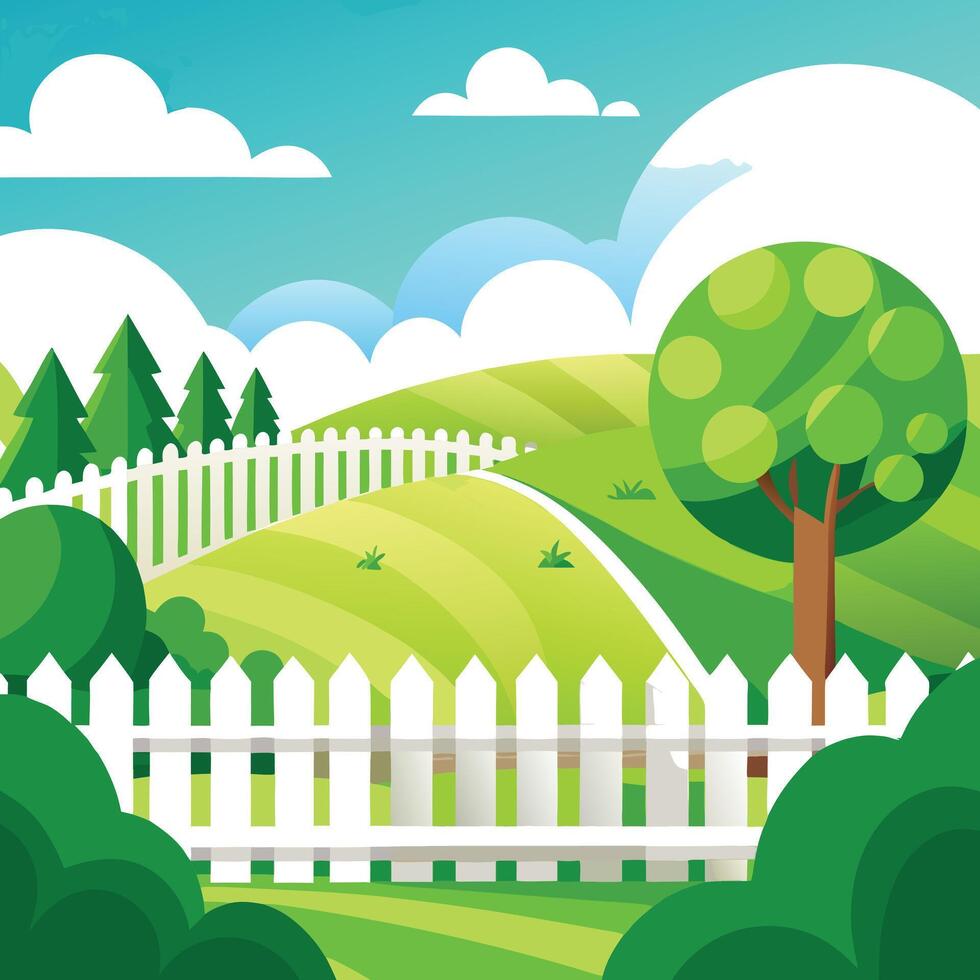 Landscape with Green Field, White Fence, Trees, Blue Sky, and White Clouds vector