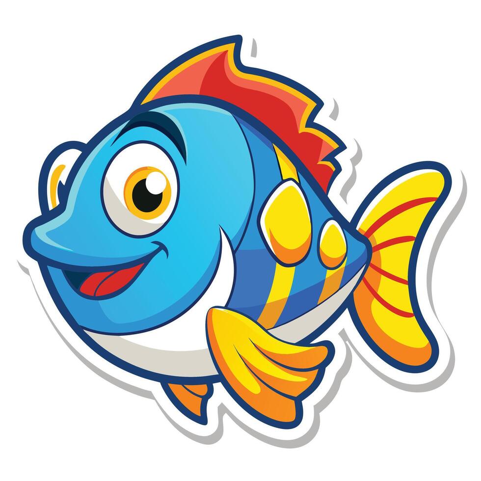 Cartoon Smiling Fish Isolated with Blue Body, Red Fin and Yellow Stripes vector