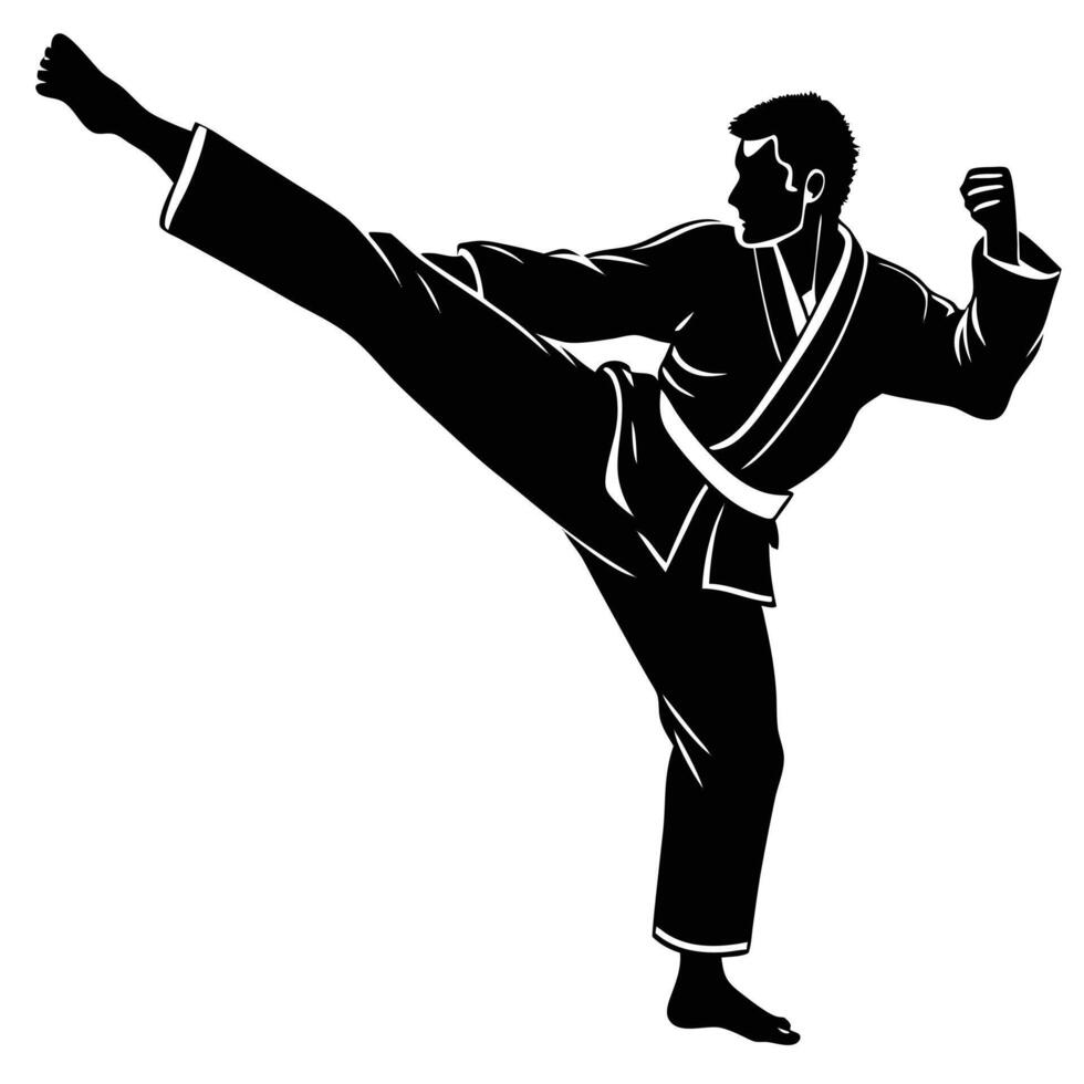 Karateka Silhouette Kicking Action with Kimono and Fist vector