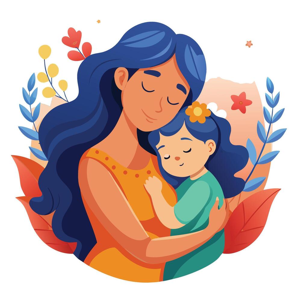 Cartoon Mother Hugging Child with Blue Hair Amongst Floral Decoration Art vector