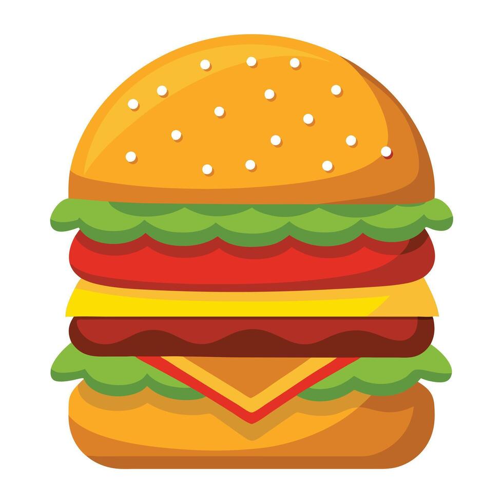 Fresh Cartoon Burger with Tomato, Lettuce and Cheese on White vector