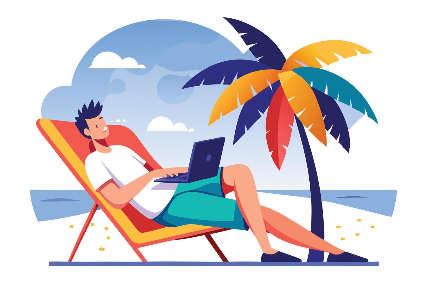 Man Using Laptop Reclining in Beach Chair under Palm Tree against Sea and Sky vector