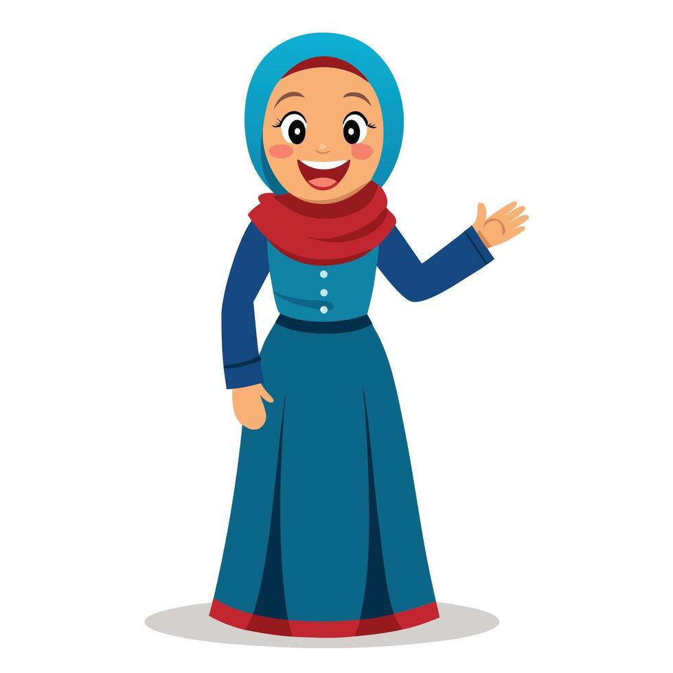 Smiling Muslim Woman in Hijab Waving Hand on Isolated White Background vector