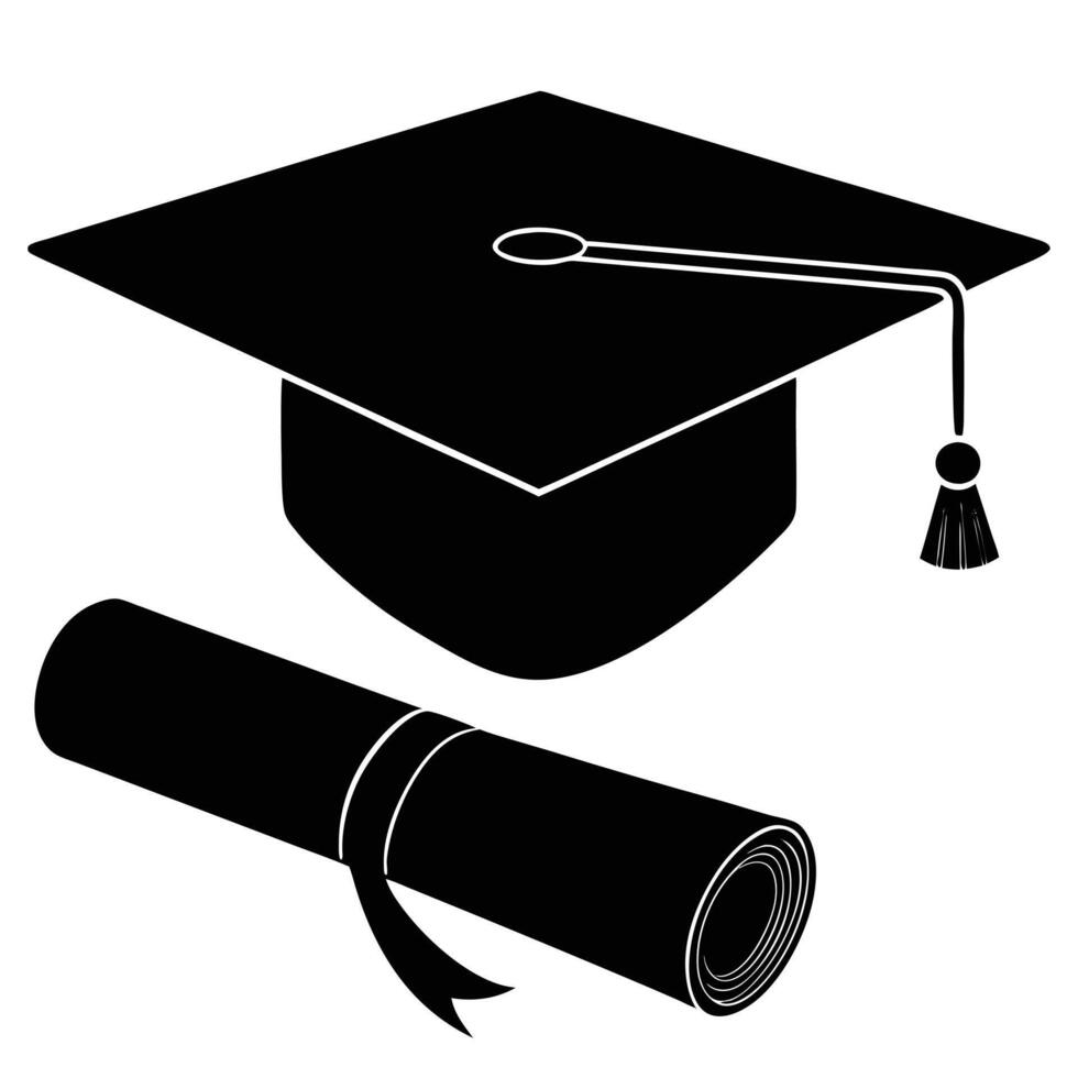 Black silhouette of graduation cap and diploma scroll over white background vector