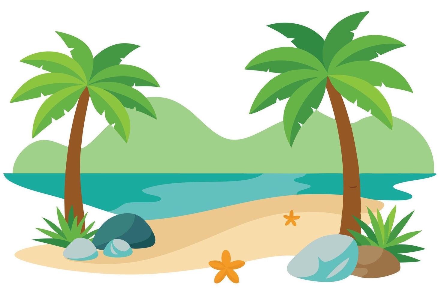 Tropical beach view with palm trees, sand, rocks, mountains and starfishes vector