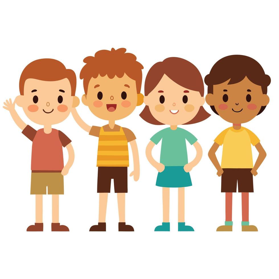 Diverse Animated Children Smiling Boys and Girls on White Background, Waving Hands vector