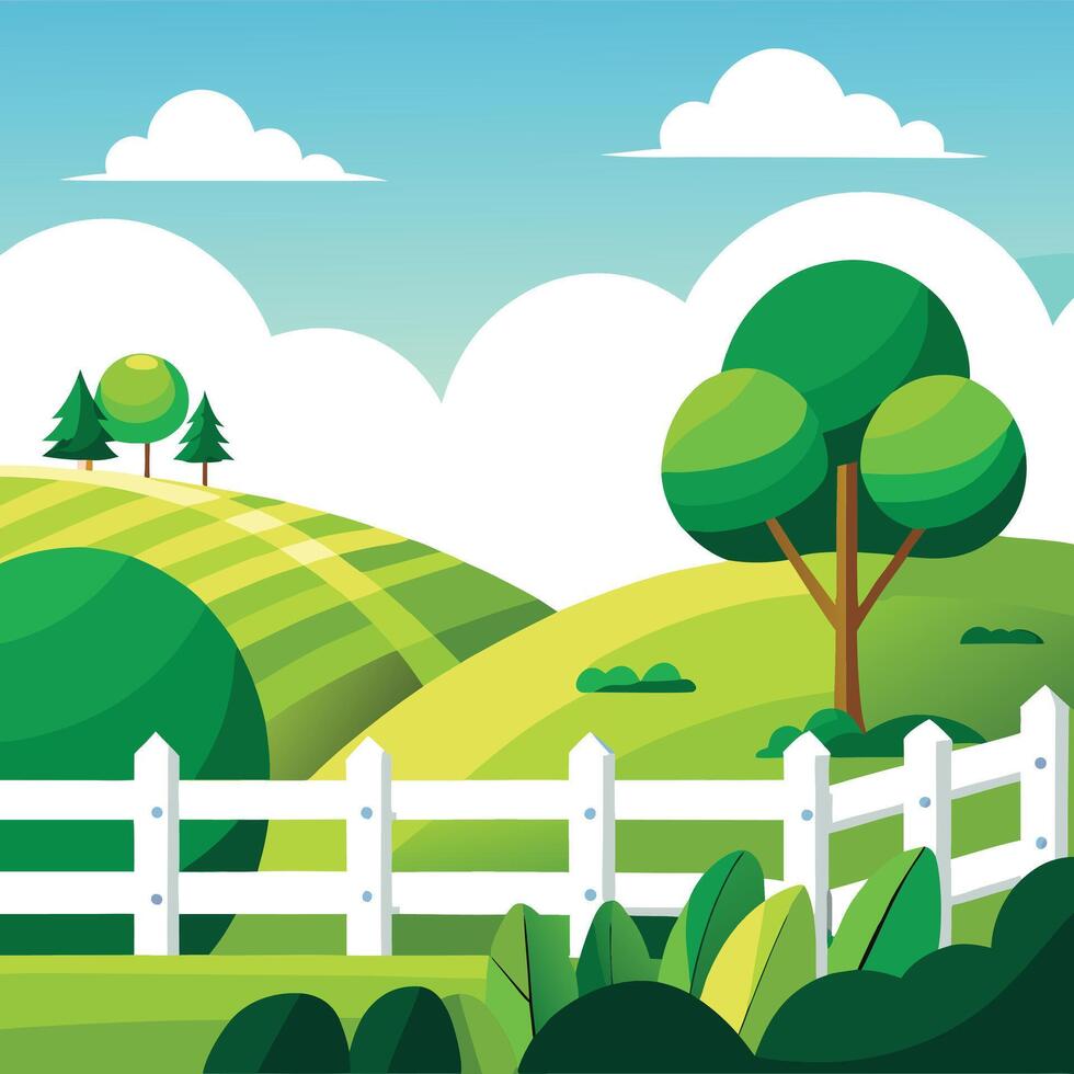 Countryside Landscape With Green Fields, Clouds, Trees and White Fence vector