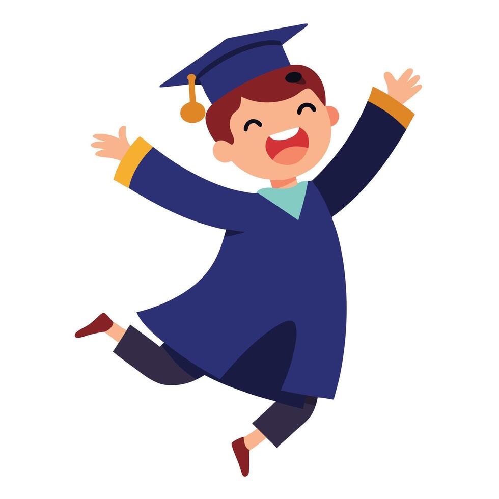 Cartoon Graduate Boy Jumping with Graduation Cap and Gown on White Background vector
