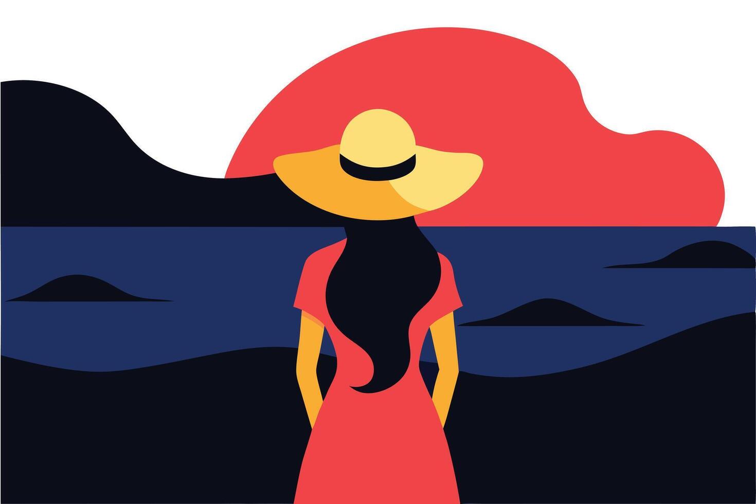 Woman Silhouette with Hat Looking at Sunset Horizon and Calm Ocean Water View vector