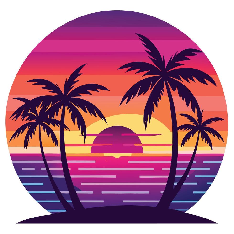 Summer Sunset Palms Silhouette Tropical Seascape Illustration vector