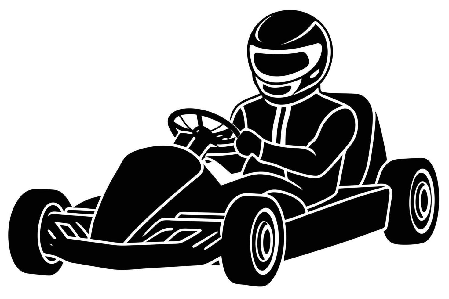 Kart Racer Silhouette, Race Car Driver in Helmet Driving GoKart Vehicle vector