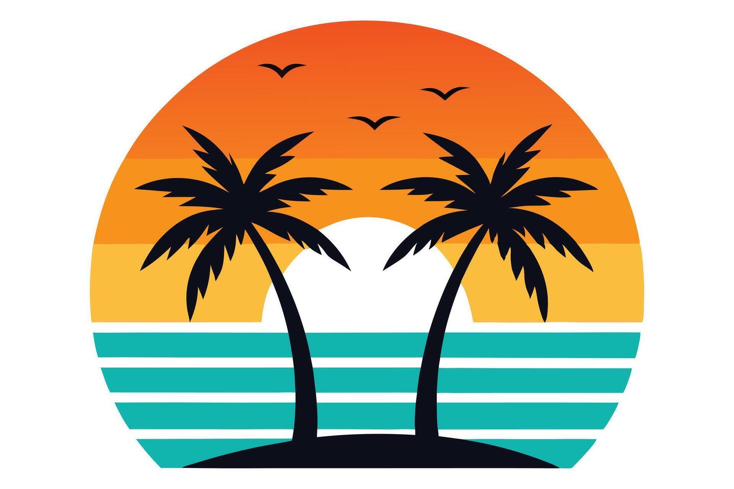 Palm Tree Silhouette, Tropical Sunset, Island Beach, Sea Waves, Birds Flying, Retro vector