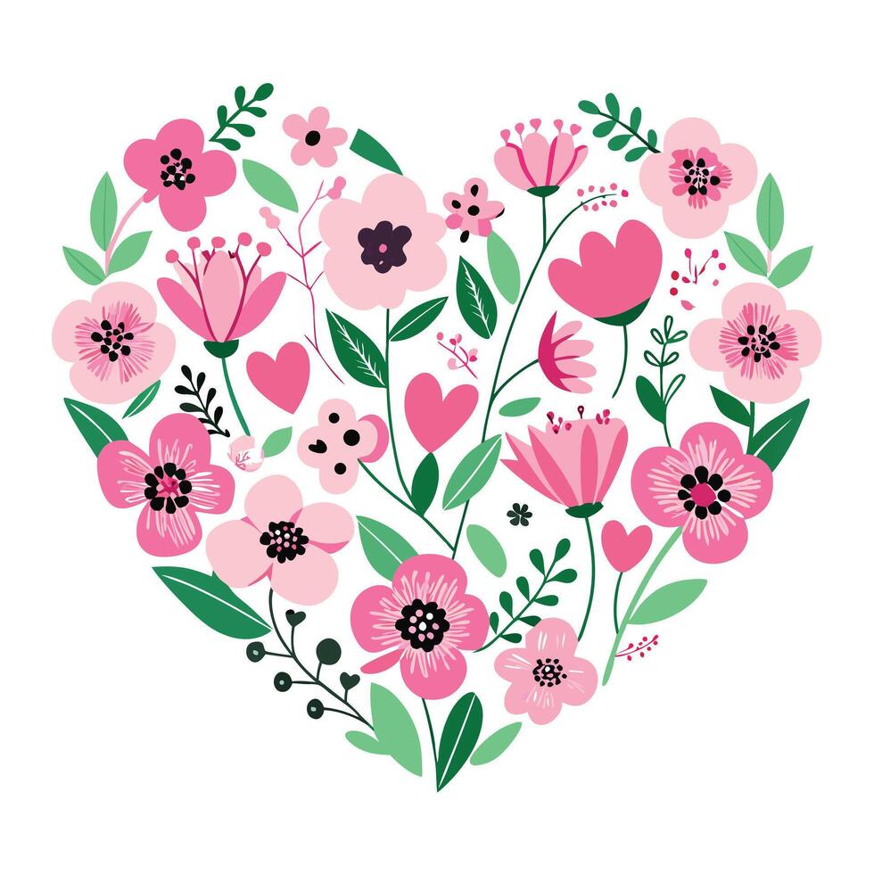 Pink Flowers, Hearts, and Green Leaves Arranged in Heart Shape on White Background vector
