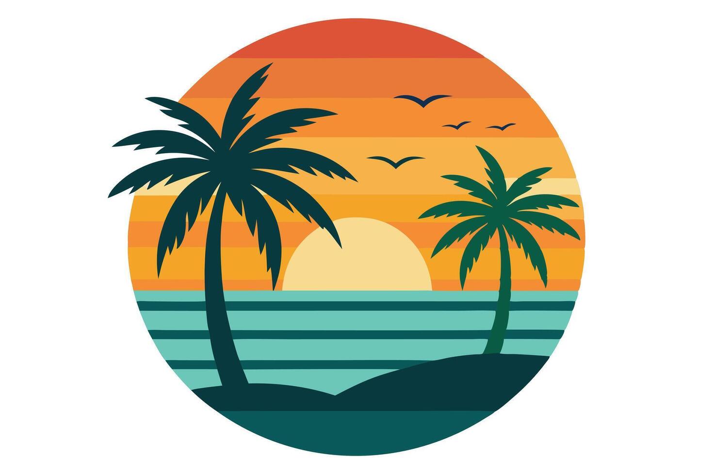 Retro sunset scenery with palm trees, ocean waves, birds flying in circle frame vector