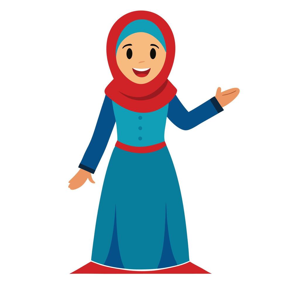 Smiling Muslim Woman Character Wearing Hijab and Gown with Arms Gesturing vector