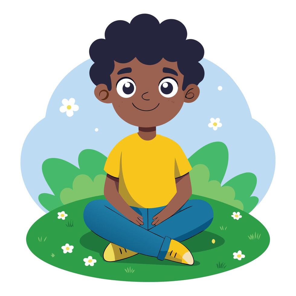 Happy Black Child Sitting Cross Legged in Nature Cartoon Design vector