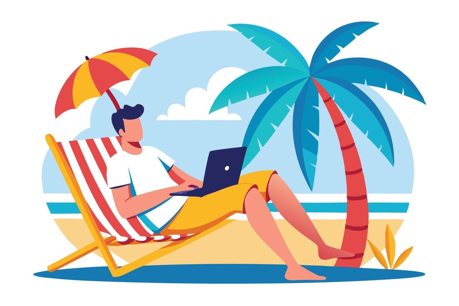 Faceless Man Using Laptop Sitting on Striped Beach Chair Under Umbrella Cartoon vector