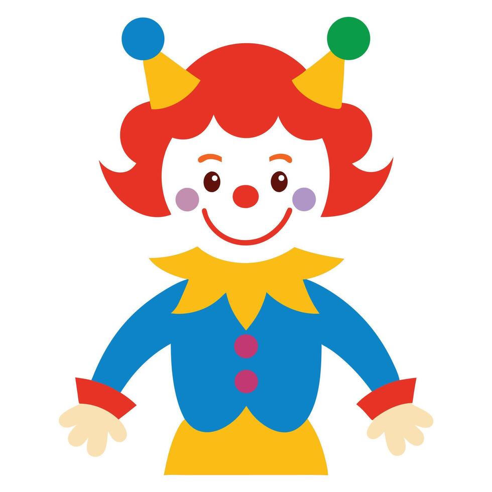 Flat Cartoon Clown with Red Hair, Pink Cheeks, Colorful Outfit on White Background vector