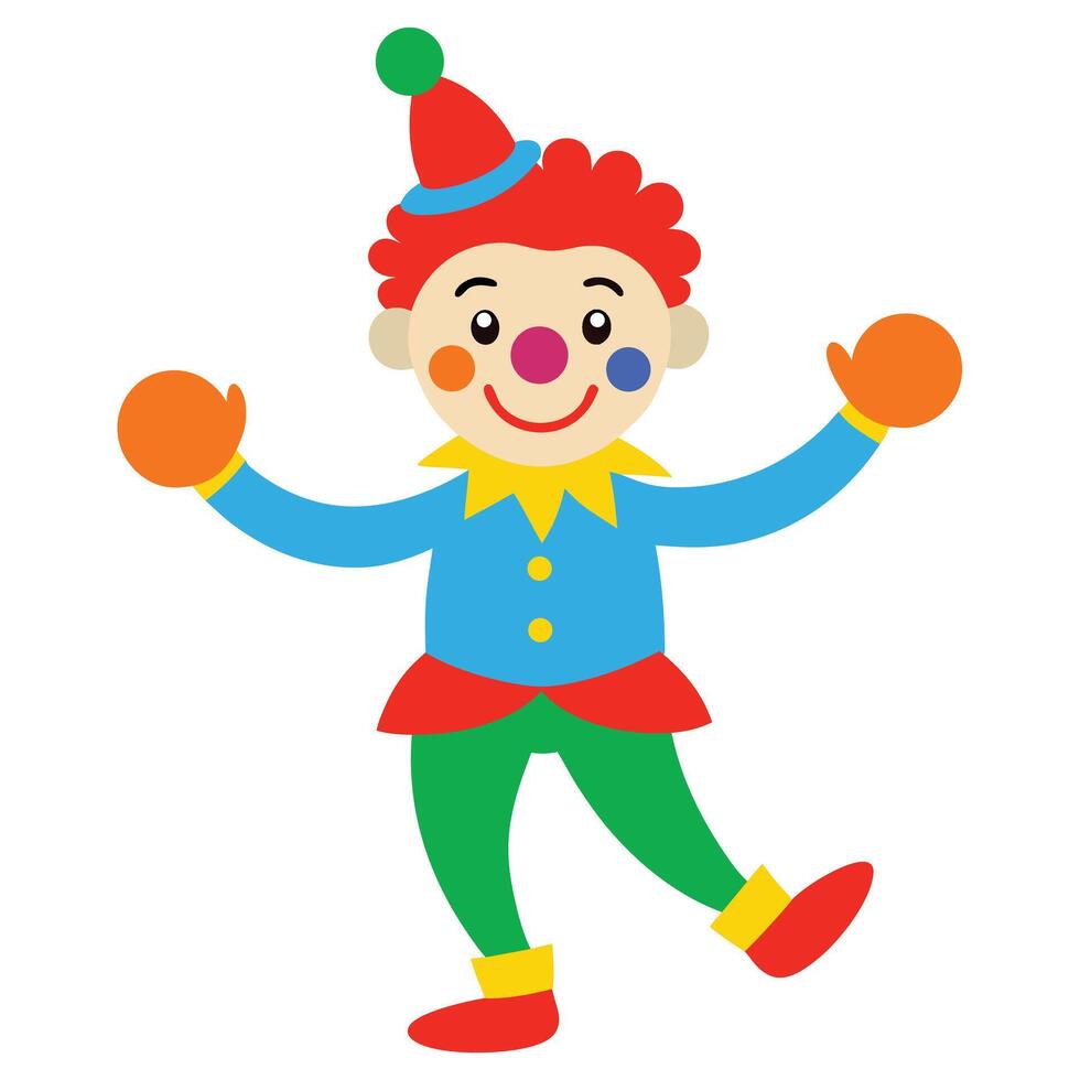 Cheerful Clown with Red Hair, Hat, and Colorful Costume on Isolated White Background vector