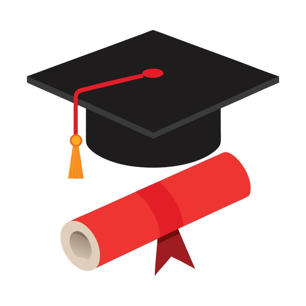 Isometric graduation cap with tassel and diploma scroll on white background vector