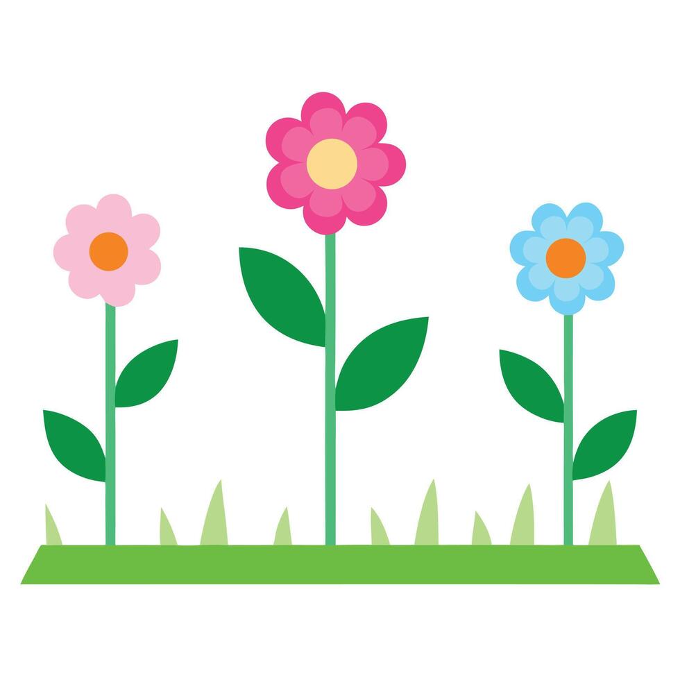 Cartoon Flowers with Green Stems and Leaves in Grass Patch on White Background vector