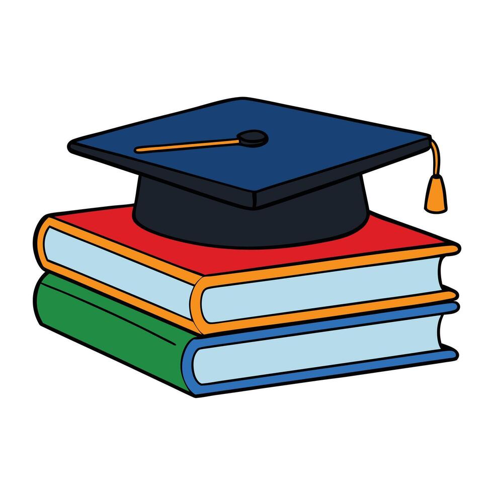 Stacked Books with Graduation Cap Isolated on White Background vector