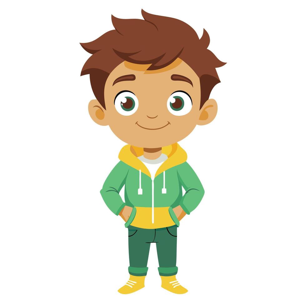 Standing Smiling Boy Cartoon with Green Jacket and Hands in Pockets vector