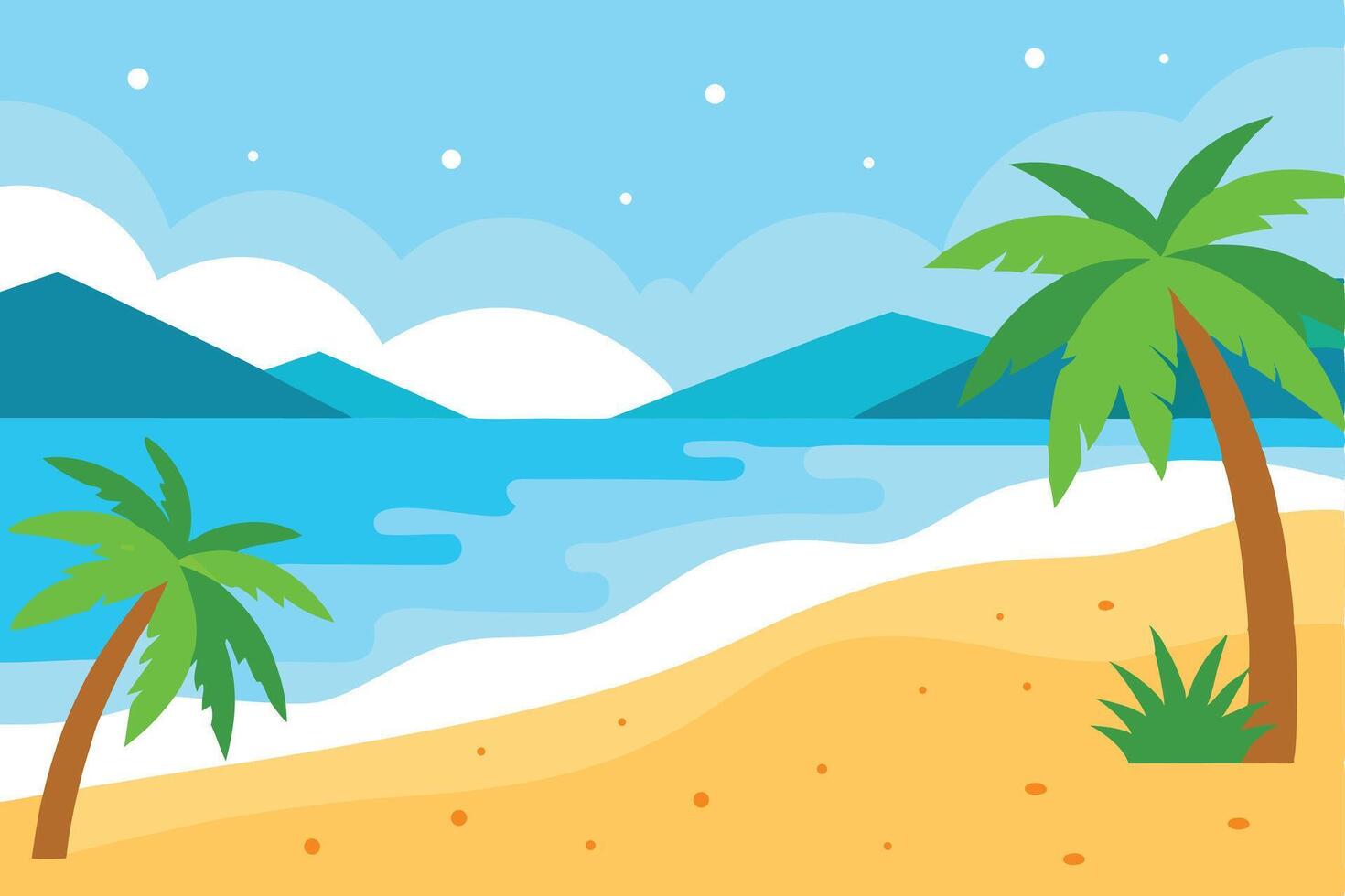 Tropical Beach with Palm Trees, Ocean, Sand, Island, Clouds, and Blue Sky vector