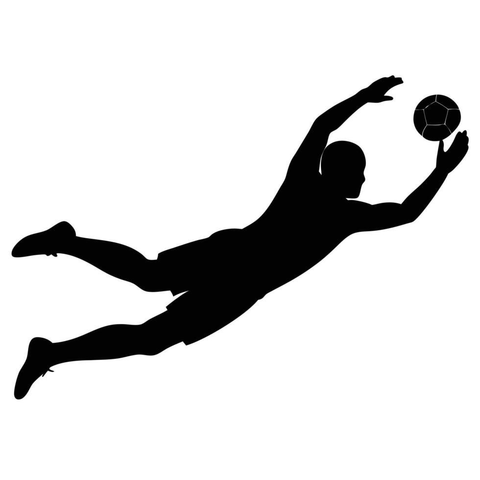 Black Silhouette of a Goalkeeper Diving to Catch Soccer Ball vector