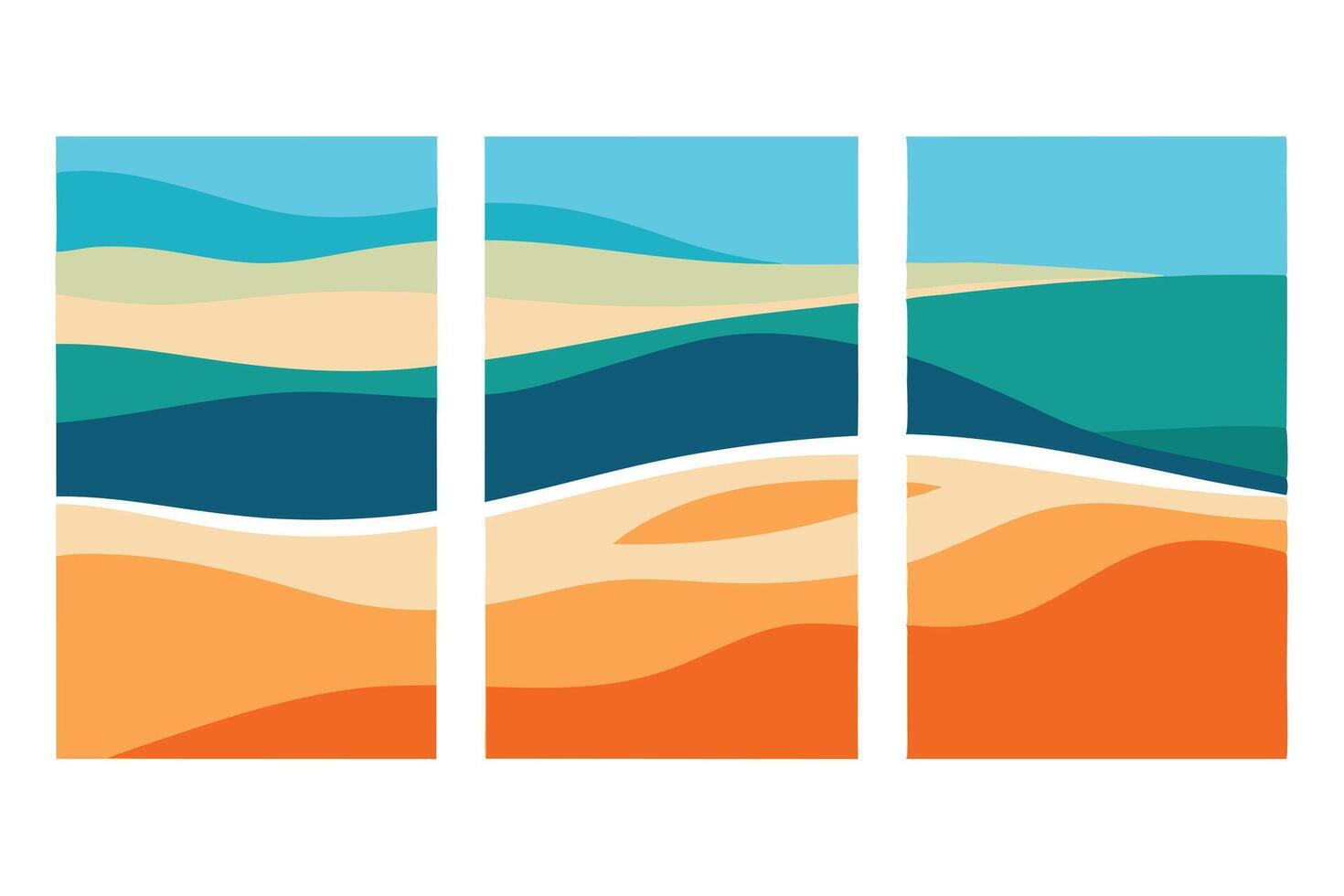 Triptych ocean illustration, blue water, beige sand, sea, abstract design vector