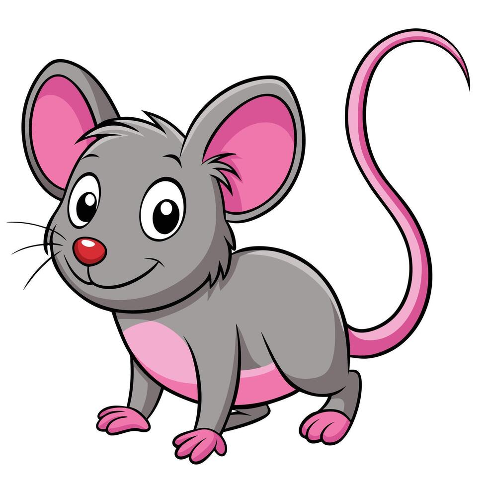 Cartoon Grey Mouse with Pink Ears and Tail Standing on Transparent Background vector