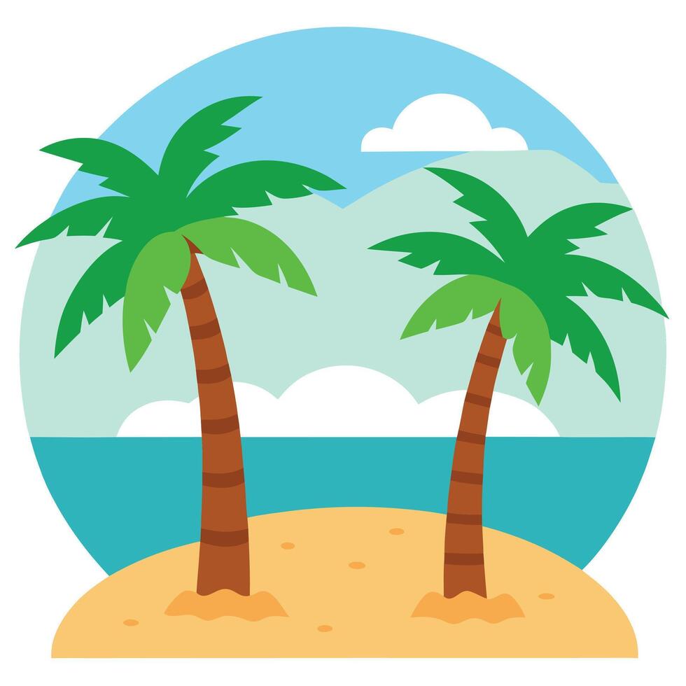 Palm Trees On The Beach, Tropical Landscape, Ocean View, Cartoon Style, Round vector