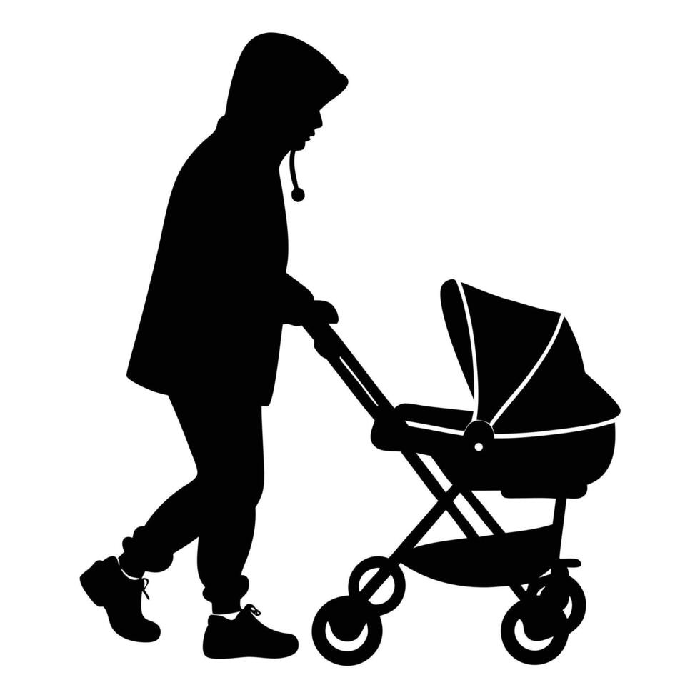Silhouette of Walking Person Pushing Baby Stroller With Hood vector