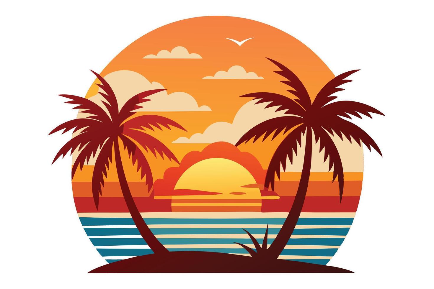 Tropical Palm Trees Silhouette With Sunset Circle Landscape, Isolated on White vector