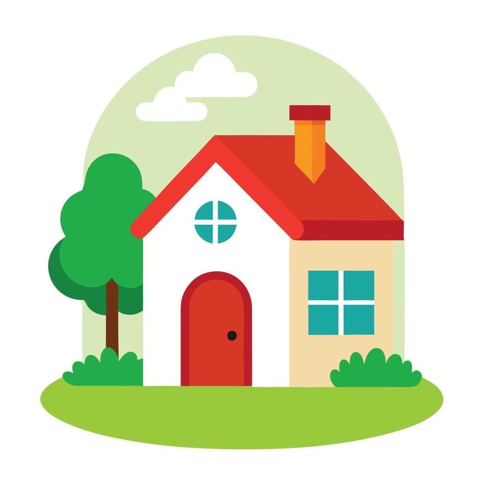 Flat House Icon with Red Roof, Green Yard, Tree, Cloud, and Decorative Background vector