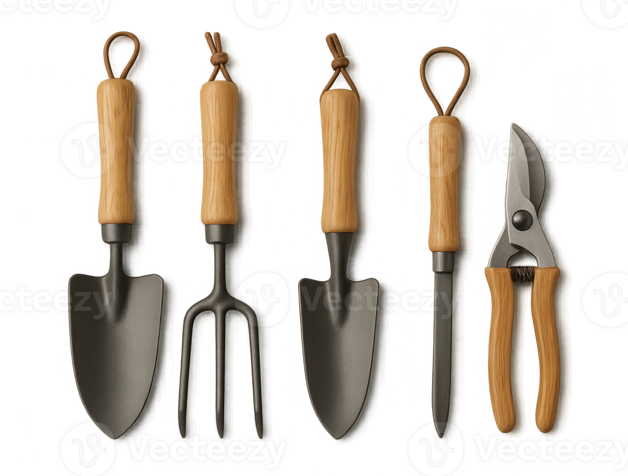 Gardening tools set with trowel, transplanter, hand rake, dibber and pruning shears on transparent background png